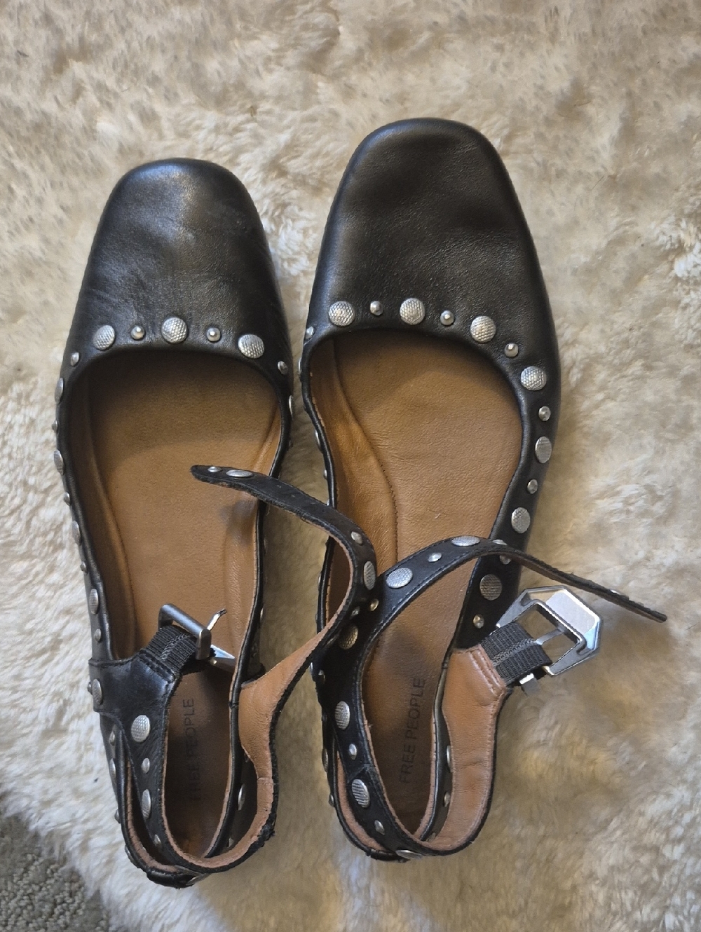 Free People Black Leather Studded Mary Jane Flats